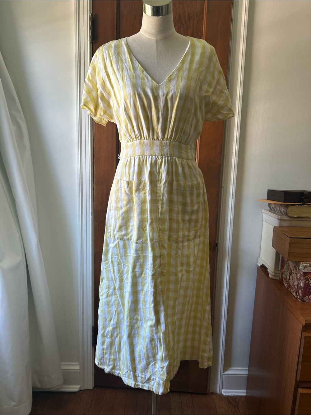 Madewell Yellow and White Gingham V-Neck Maxi Dress